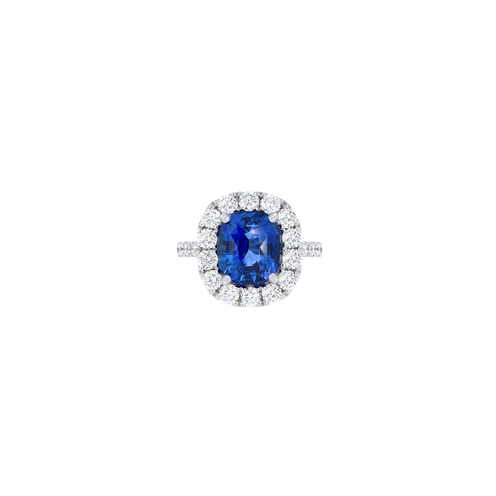 Platinum Halo Ring with GIA Certified Blue Sapphire and Diamonds