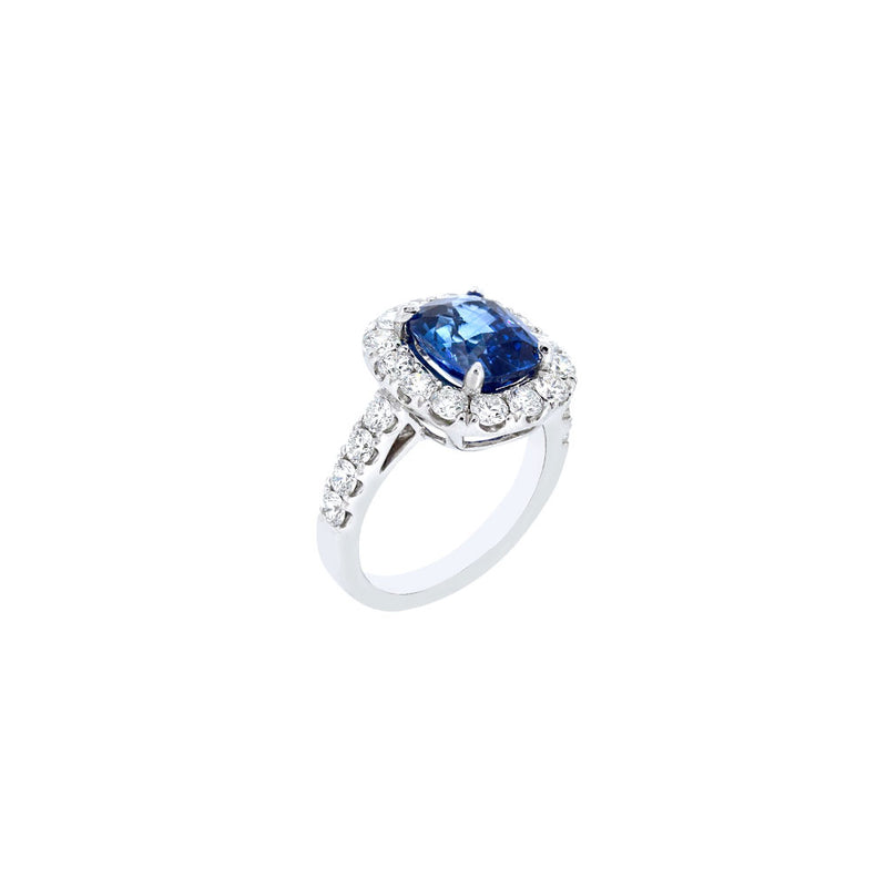 Platinum Halo Ring with GIA Certified Blue Sapphire and Diamonds