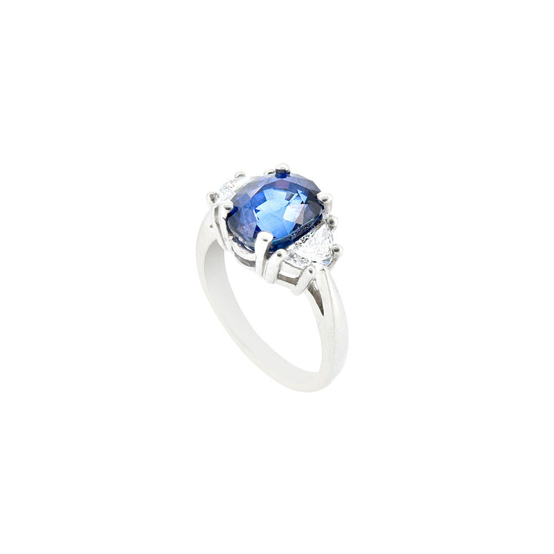 Platinum Three Stone Ring With Blue Sapphire and Diamonds