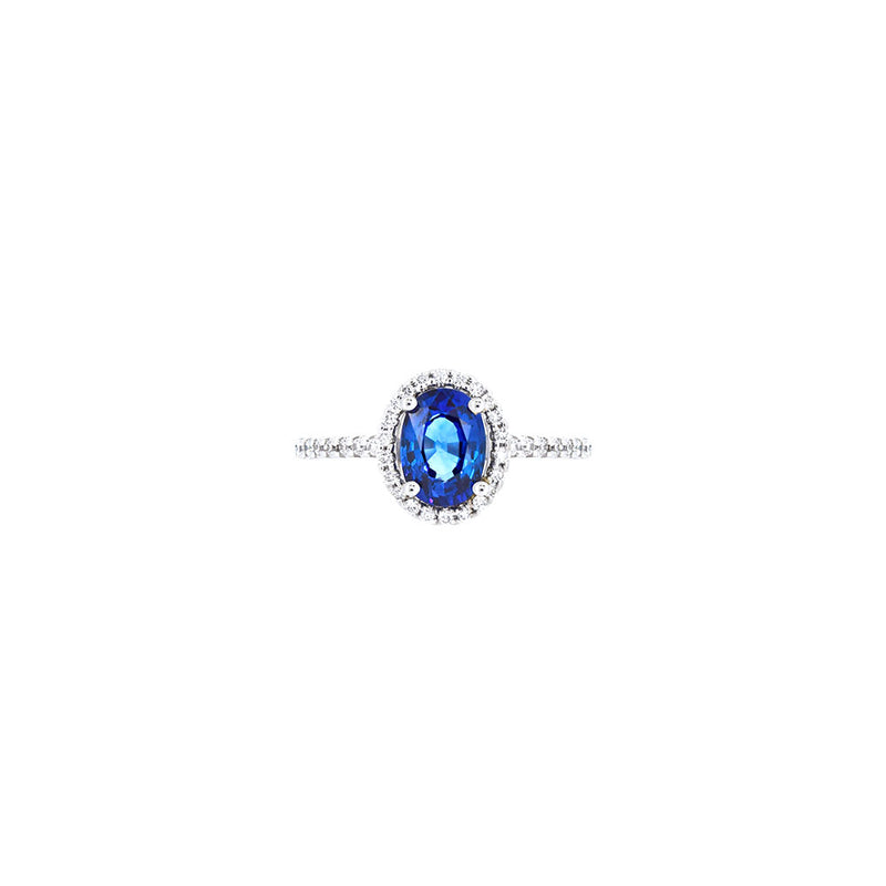 18 Karat White Gold Halo RIng with Blue Sapphire and Diamonds