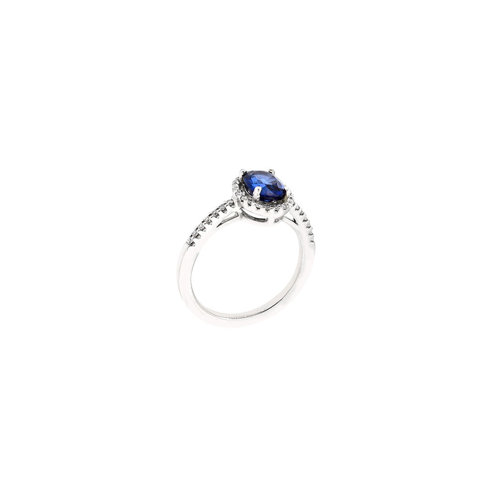 18 Karat White Gold Halo RIng with Blue Sapphire and Diamonds