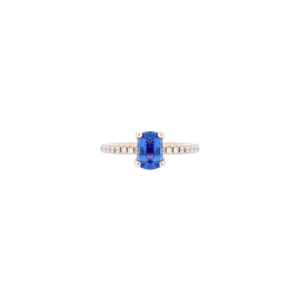 14 Karat Rose Gold Solitaire Ring with Blue Sapphire and Diamonds