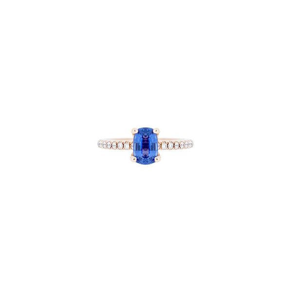 14 Karat Rose Gold Solitaire Ring with Blue Sapphire and Diamonds