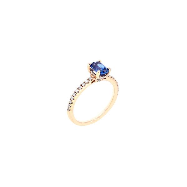 14 Karat Rose Gold Solitaire Ring with Blue Sapphire and Diamonds