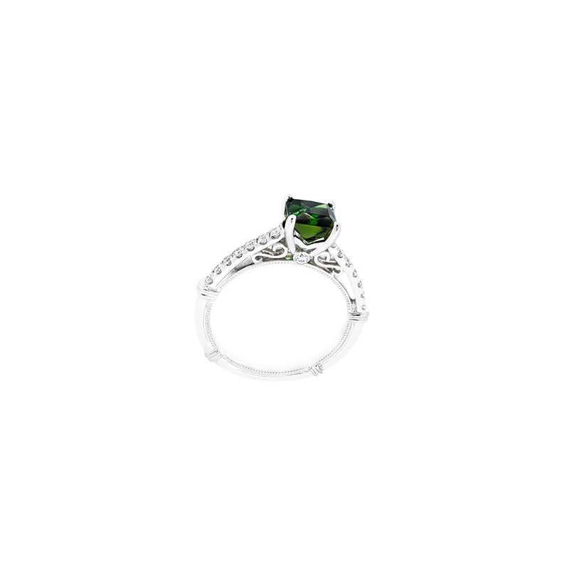 14 Karat WHite Gold Solitaire Ring with Green Tourmaline and Diamonds