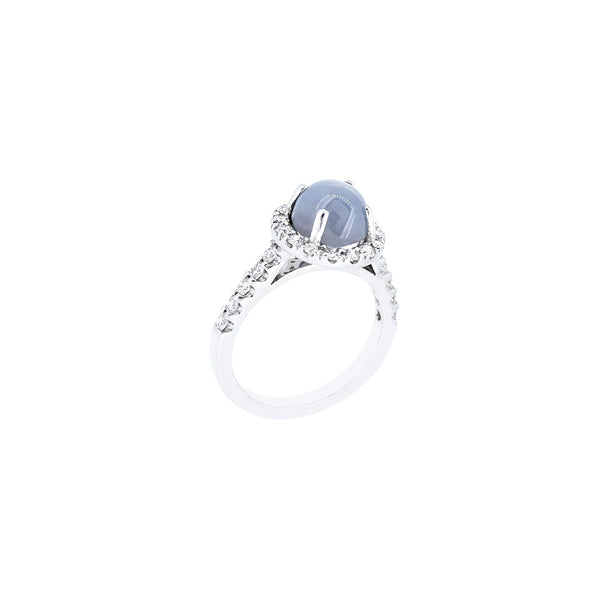 18 Karat White Gold Halo RIng with Star Sapphire and Diamonds