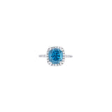 18 Karat Whte Gold Halo RIng with Blue Zircon and Diamonds