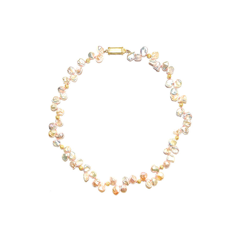 8 Karat Keshi Pearl Necklace with 18 Karat Yellow Gold Beads
