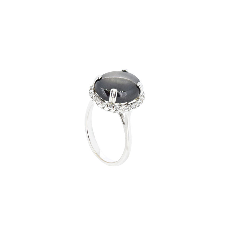 14 Karat White Gold Ring with Star Sapphire and Diamond Halo