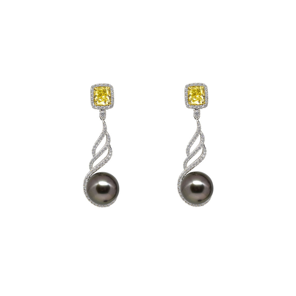 18 Karat White Gold Yellow Diamond and Tahitian Pearl Earrings | Johann Paul