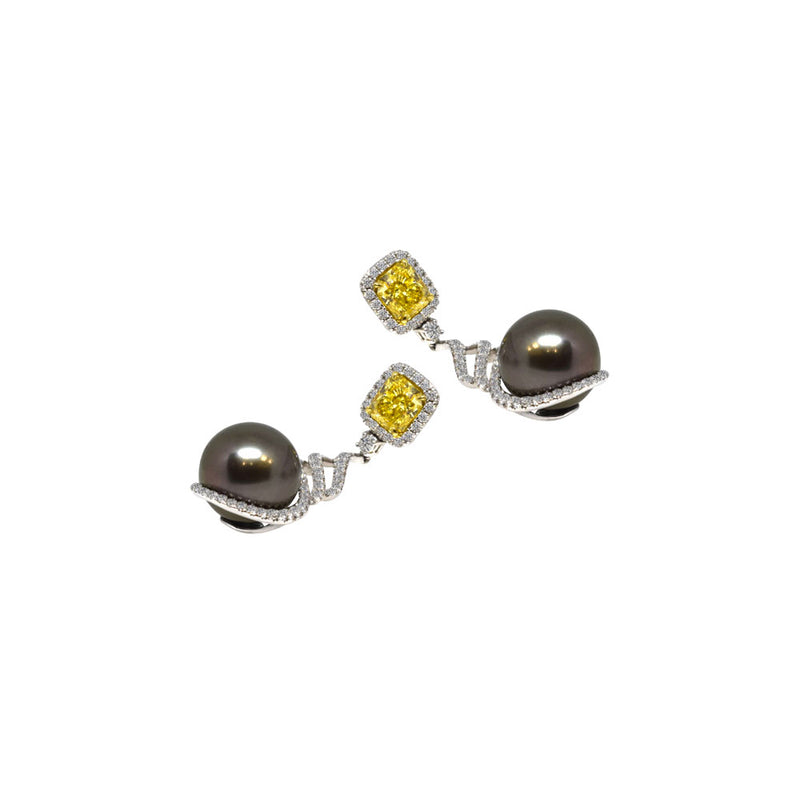 18 Karat White Gold Yellow Diamond and Tahitian Pearl Earrings - Johann Paul
