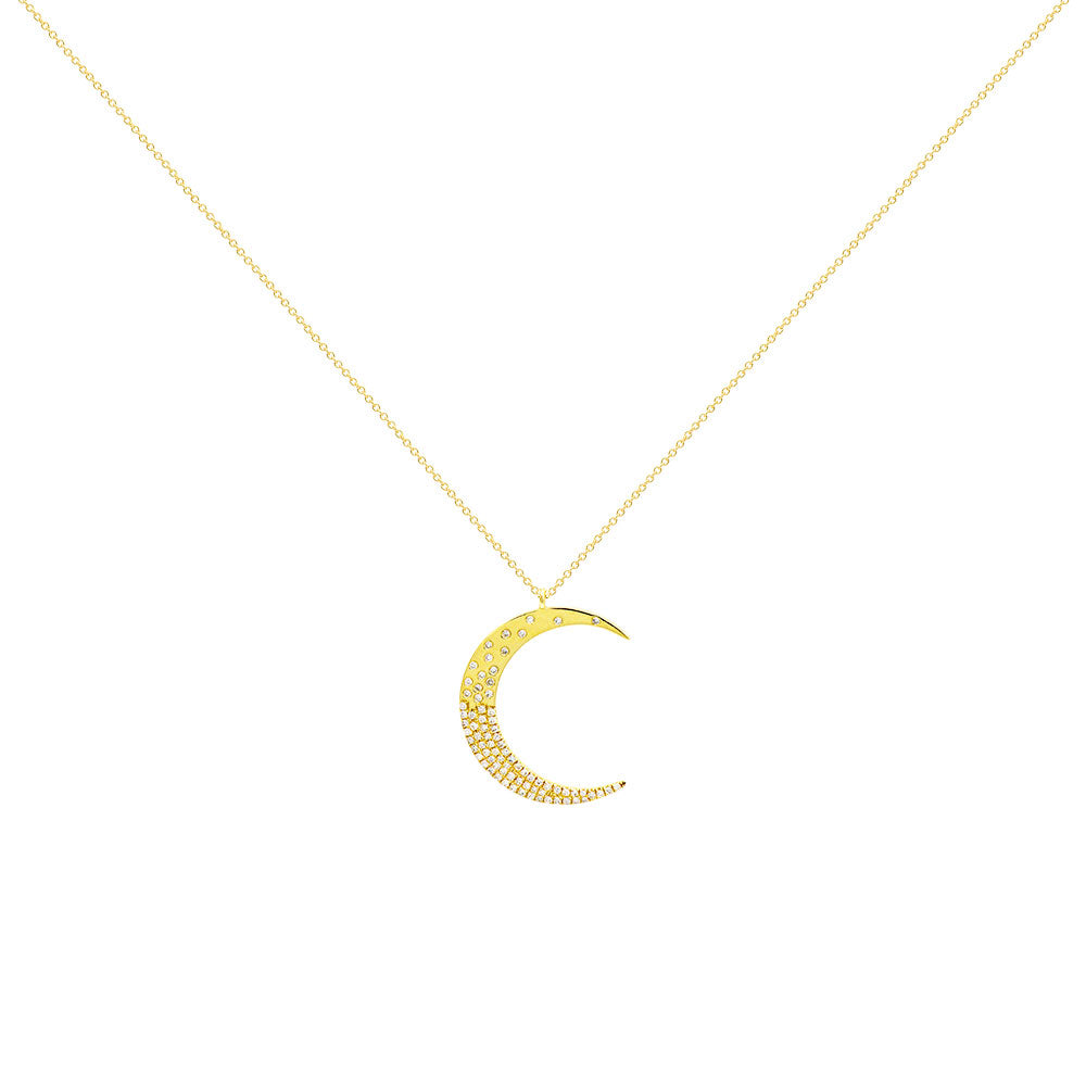 18 Karat Yellow Gold Crescent Moon Necklace with Diamonds