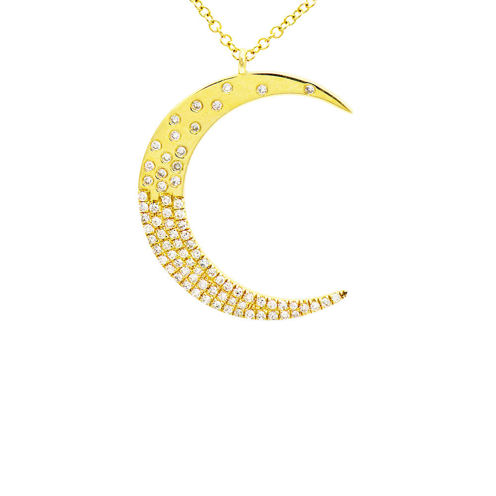 18 Karat Yellow Gold Crescent Moon Necklace with Diamonds