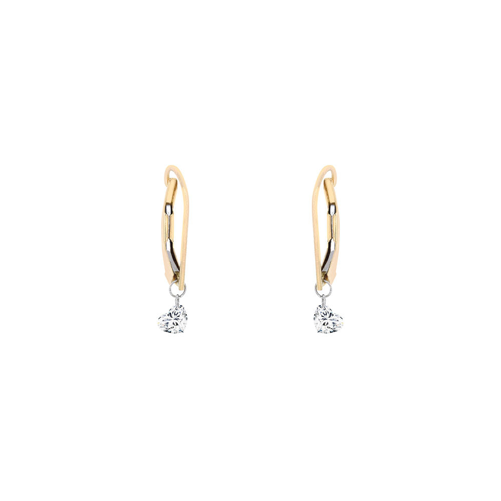 14 Karat Yellow Gold Hoop Earring with Drilled Heart Shaped Diamonds