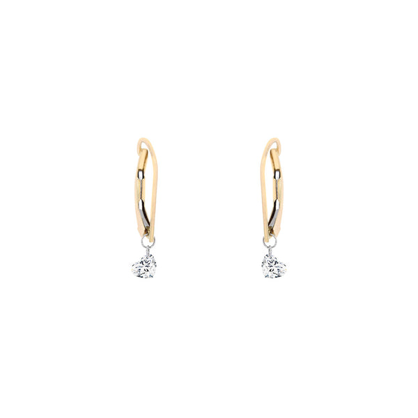 14 Karat Yellow Gold Hoop Earring with Drilled Heart Shaped Diamonds