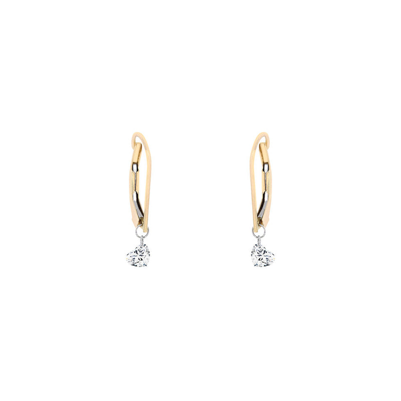 14 Karat Yellow Gold Hoop Earring with Drilled Heart Shaped Diamonds