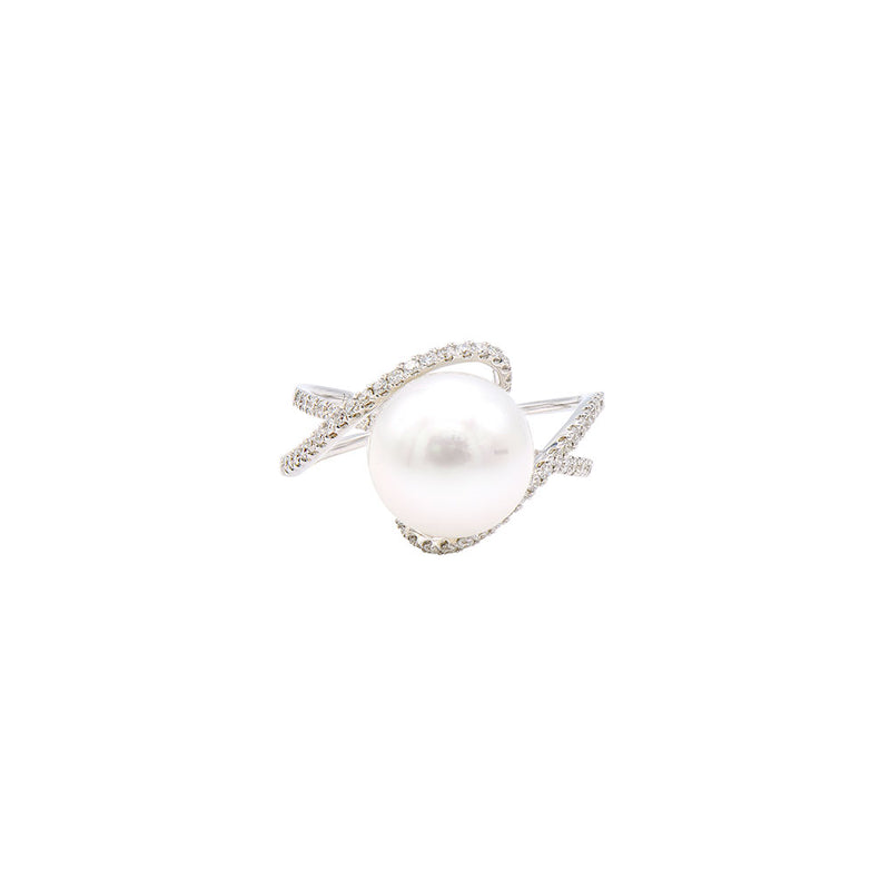 14 Karat White Gold Contemporary Ring with a South Sea Pearl and Diamonds