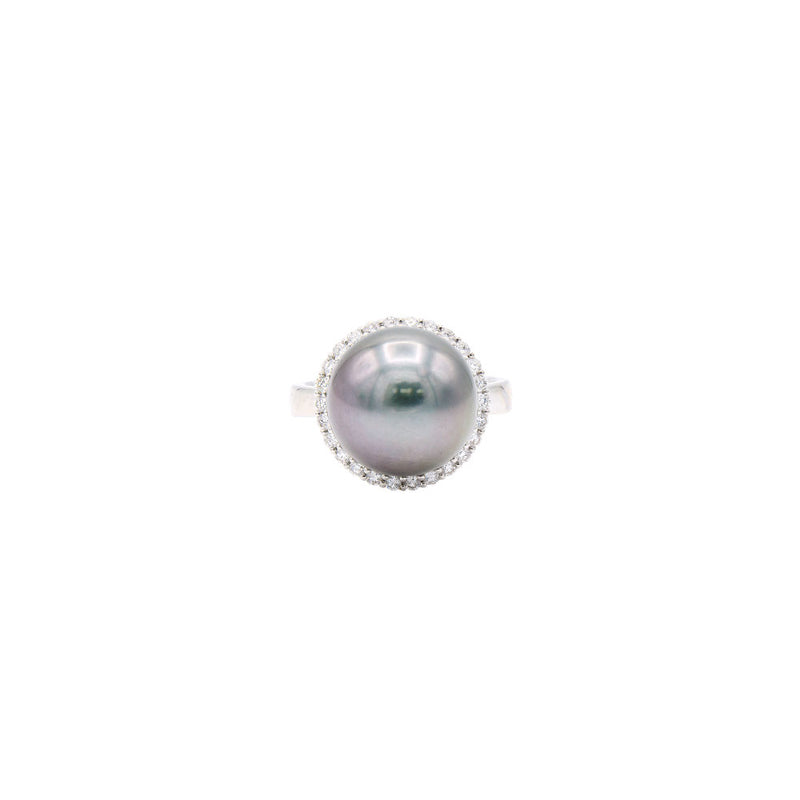18 Karat White Gold Halo Ring with A Tahitian Pearl and Diamonds