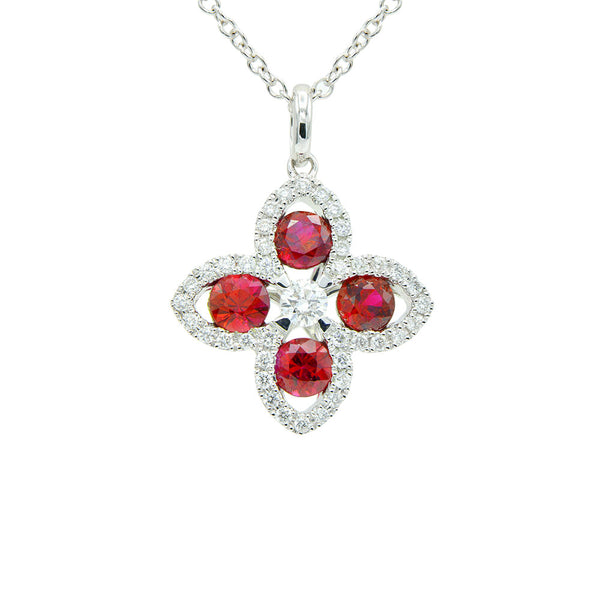 14 Karat White Gold Flower Pendant with Ruby and Diamonds