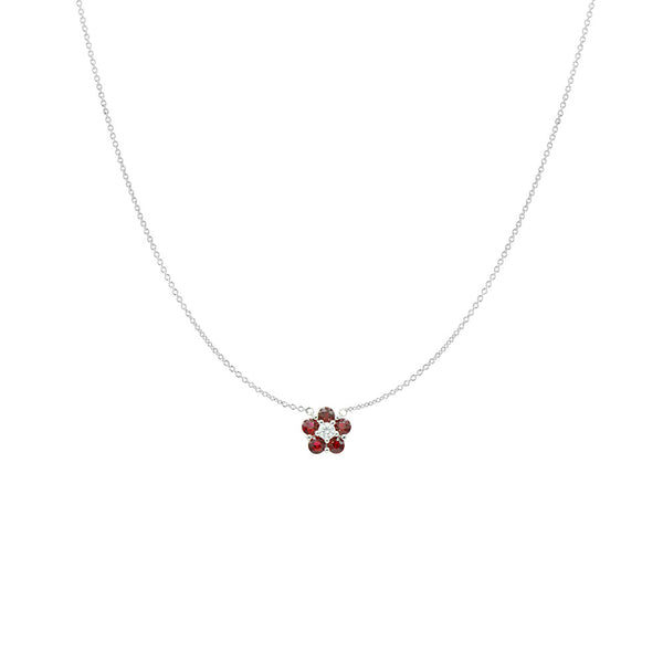 18 Karat White Gold Flower Necklace with Rubies and a Diamond