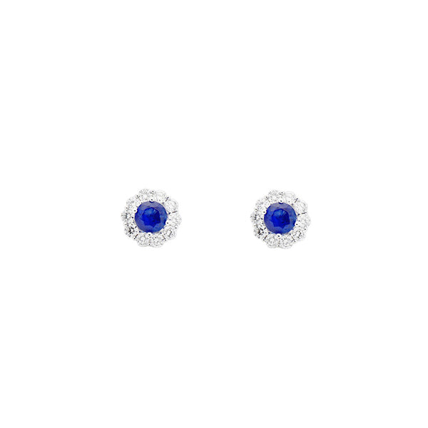 18 Karat White Gold Halo Stud Earring with Blue Sapphire and Diamonds
