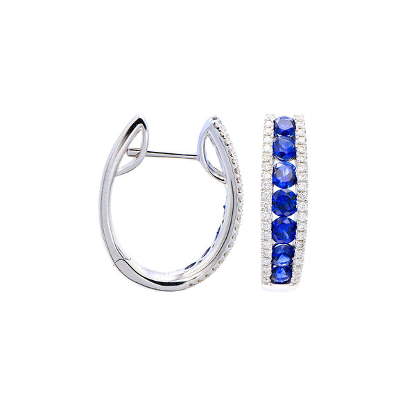 18 Karat White Gold Small Hoop Earrings with Blue Sapphire and Diamonds