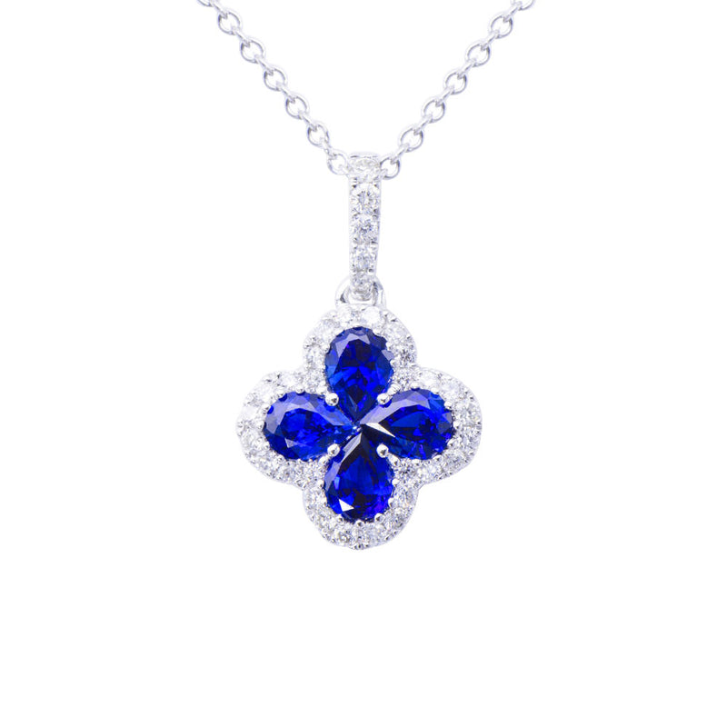 18 Karat White Gold Clover Pendant with Blue Sapphire and Diamonds
