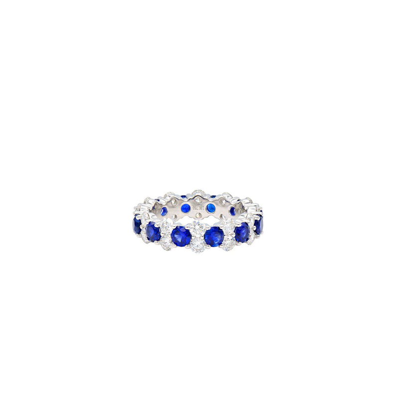 18 KARAT WHITE GOLD ETERNITY BAND WITH DIAMONDS AND BLUE SAPPHIRES
