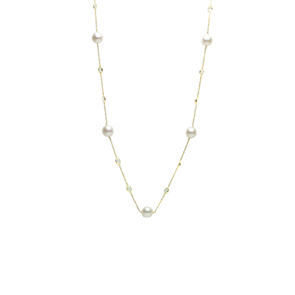 14 Karat Yellow Gold Tin cup Necklace With South Sea Pearls and White Topaz