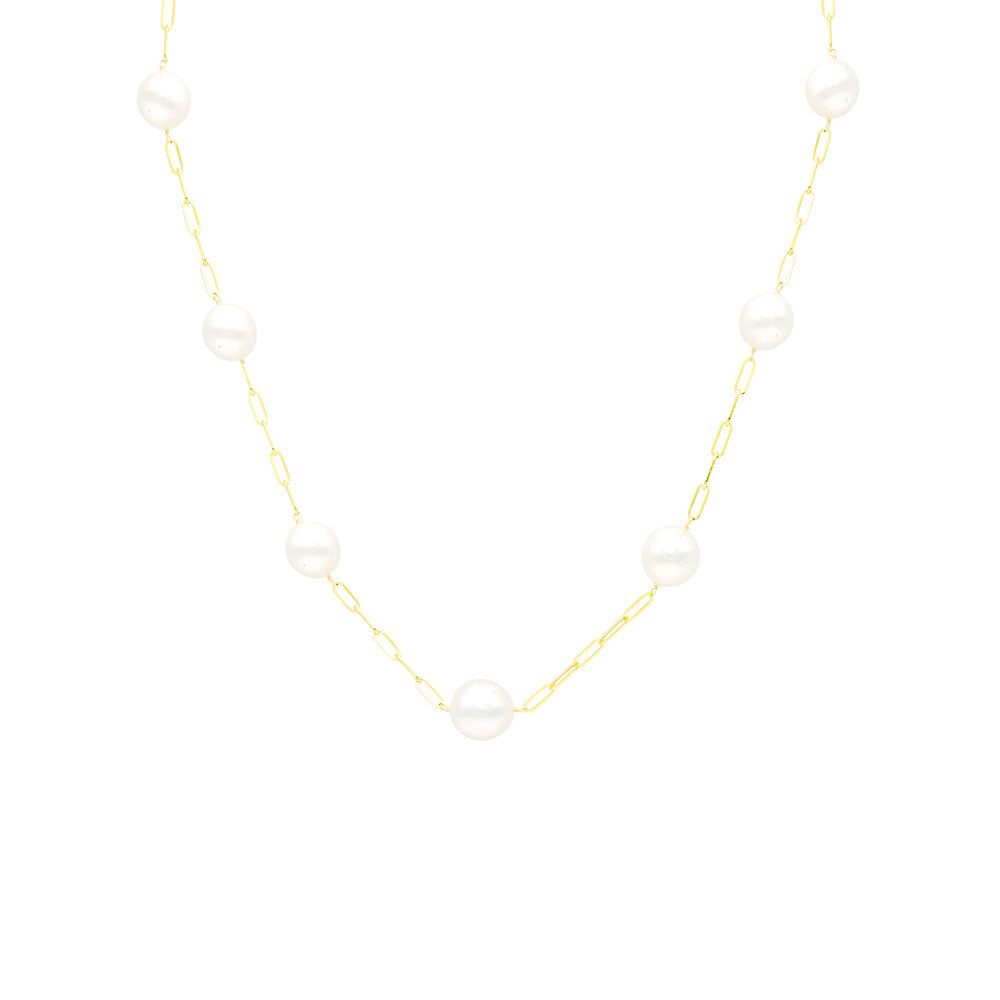 14 Karat Yellow Gold Tin Cup Necklace With White South Sea Pearls