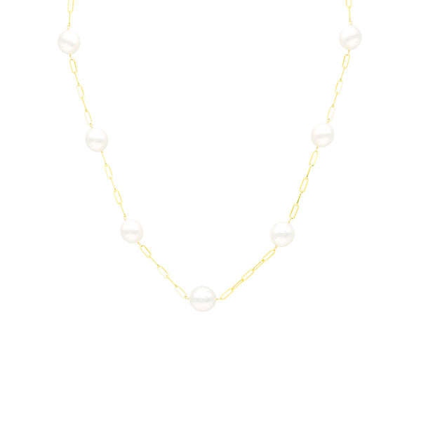 14 Karat Yellow Gold Tin Cup Necklace With White South Sea Pearls