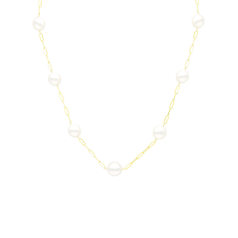 14 Karat Yellow Gold Tin Cup Necklace With White South Sea Pearls