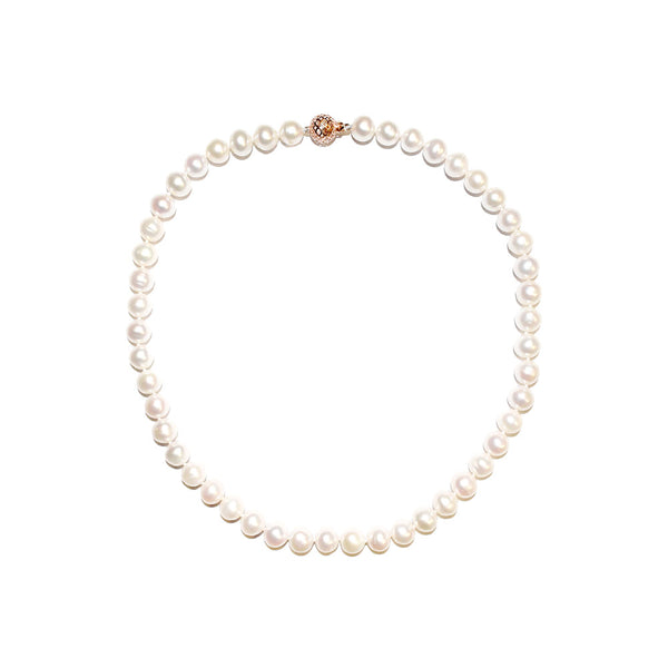 White Freshwater Pearl Necklace with a 14 Karat Rose Gold Diamond Clasp