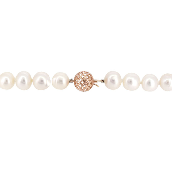 White Freshwater Pearl Necklace with a 14 Karat Rose Gold Diamond Clasp